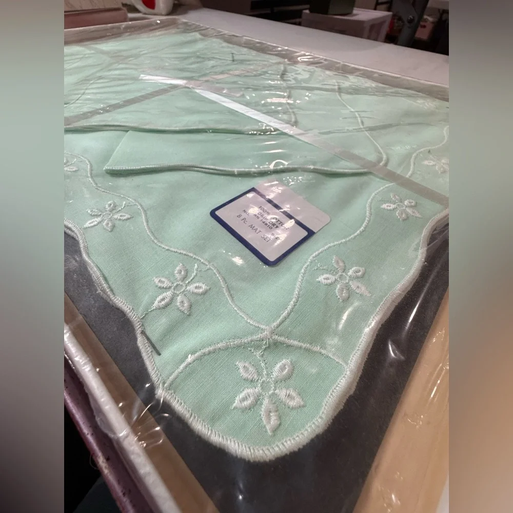 Vintage Mint Green Cotton Placemat & Napkin Set – 8 Pieces NOS in Box